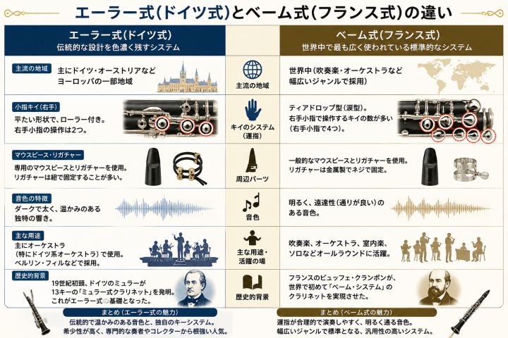 エーラー式とベーム式クラリネット比較図