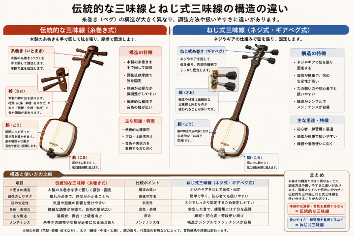 伝統とねじ式三味線の構造比較