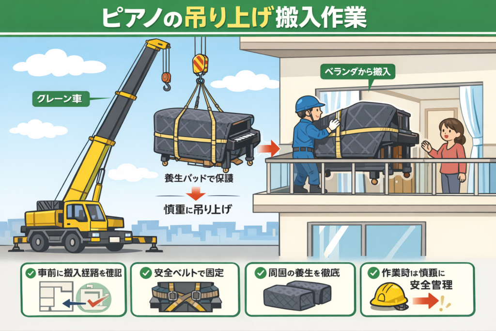 ピアノの吊り上げ作業