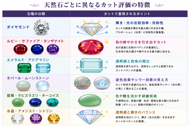 天然石ごとに異なるカット評価の特徴