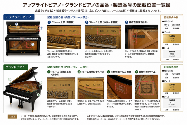 アップライトピアノ・グランドピアノの品番位置図